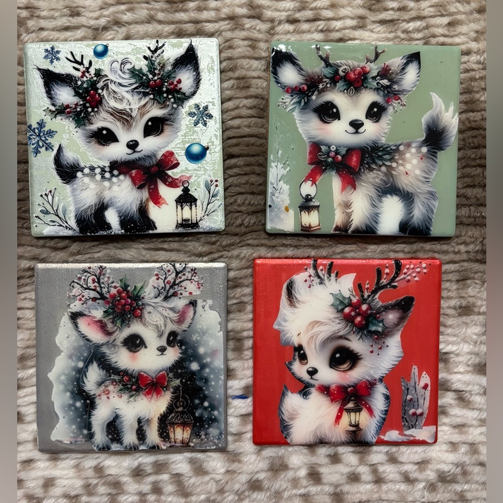VALENTINES SPECIAL OOAK NEW Cute Reindeer Coaster Set Great Christmas Gift